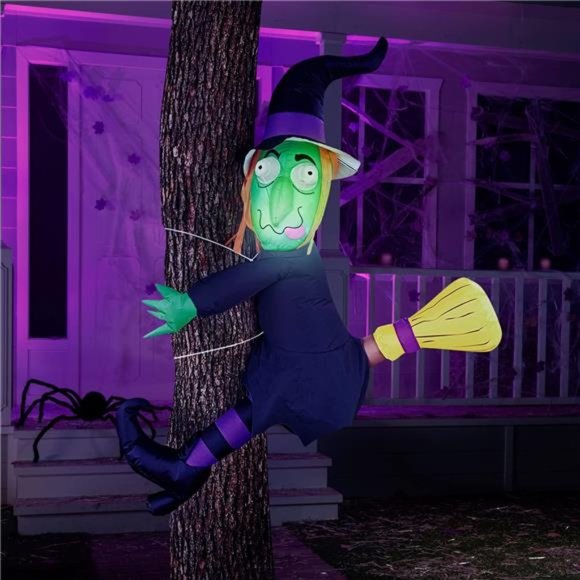 4 FT Tall Halloween Inflatable Witch Crashing Into Tree w/...